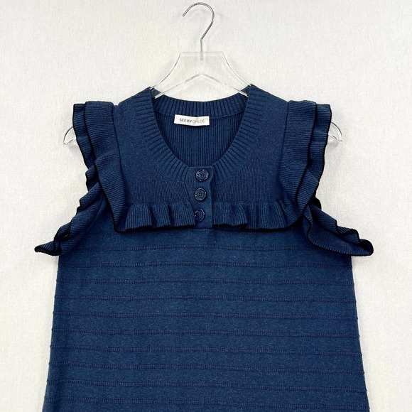 SEE BY CHLOE Dress Womens US 8 EU 44 Blue Sweater Knit Sleeveless Ruffle Trim - Picture 3 of 13